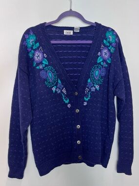 Vintage Lucia Cardigan Sweater Button Front Floral Embroidered Blue XL